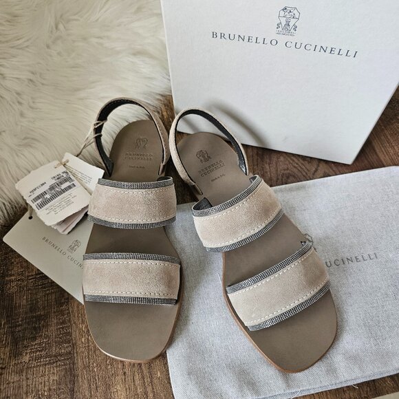 NWT!! Brunello Cucinelli Monili/Beaded Suede Sling Back Flat Sandals 7.5 - Picture 1 of 16